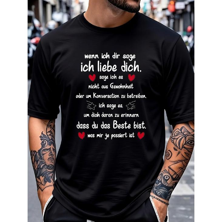 Funny German Quote Men'S T-Shirt | Black Short Sleeve Round Neck Tee With Humorous Saying & Red Hearts, Machine Washable, Regular Fit, Casual,