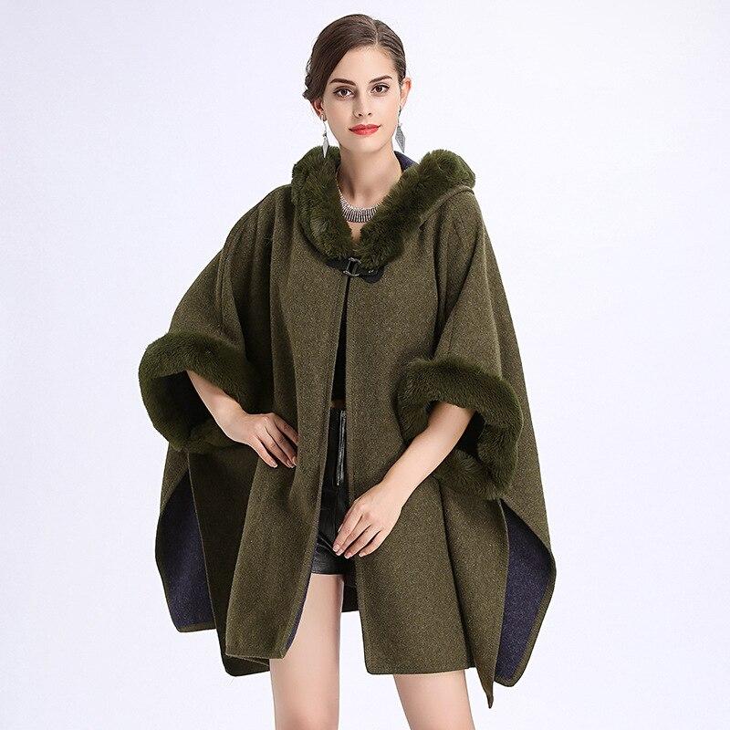 9 Colors Black Winter Warm Fashion Horn Buckle Poncho Capes Women Imitation Rabbit Fur Batwing Sleeves Loose Long Coat With Hat