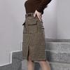Шерстяная клетчатая юбка, женские юбки средней длины с высокой талией и карманами, разрезом, женские корейские модные одношаговые шикарные юбки Faldas