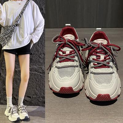 Кожаные кроссовки на толстой подошве с увеличенной высотой и стразами женские 2025 весна новая сетчатая дышащая и легкая повседневная спортивная обувь