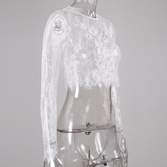 O-Neck Long Sleeve Embroidery Pattern Crop Top Women See-Through Floral Lace Blouse