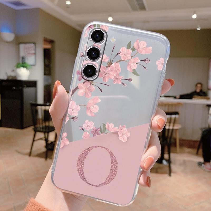 Для Samsung Galaxy A25 A14 A24 A34 A54 A15 A56 A06 A17 Чехол для телефона Обложка Буква A Z Розовые Цветы Прозрачный Мягкий Задний TPU Fundas Чехол