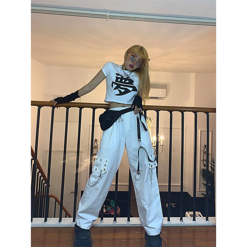 Черные брюки-карго в стиле Харадзюку, женские брюки-карго в готическом стиле с цепочкой, белые широкие брюки, женские хиппи, уличный стиль, эмо-торговый центр, гот