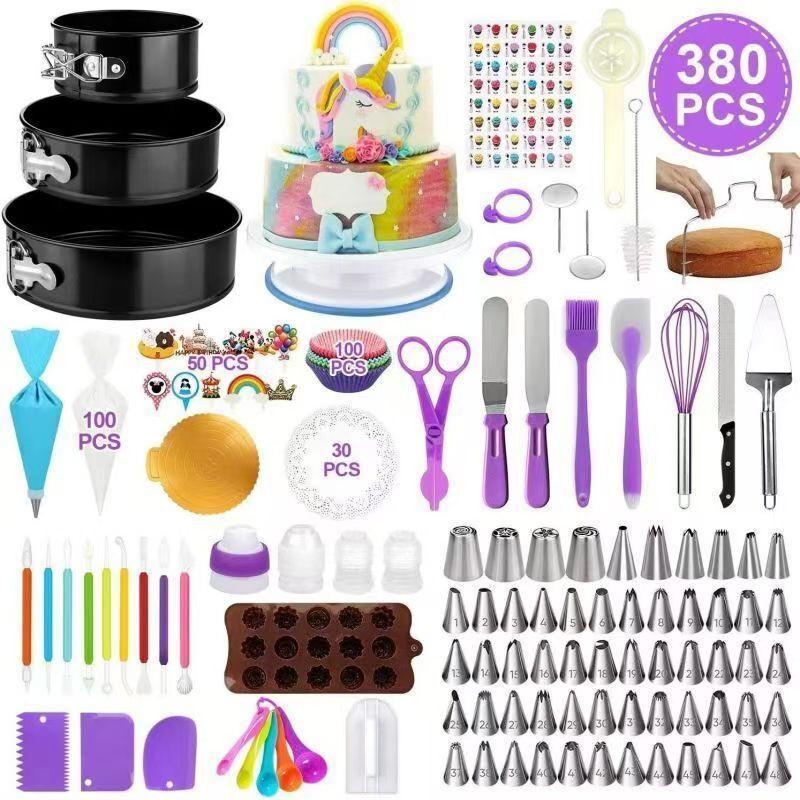 380-Piece Cake Decorating Kit With Rotating Turntable Stainless Steel Tips TPU Piping Bags Baking Pan Set