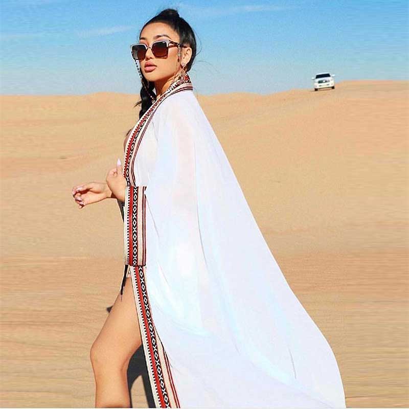 2024 Sexy See Through Embroidered Long Kimono Cardigan White Chiffon Tunic Plus Size Beachwear