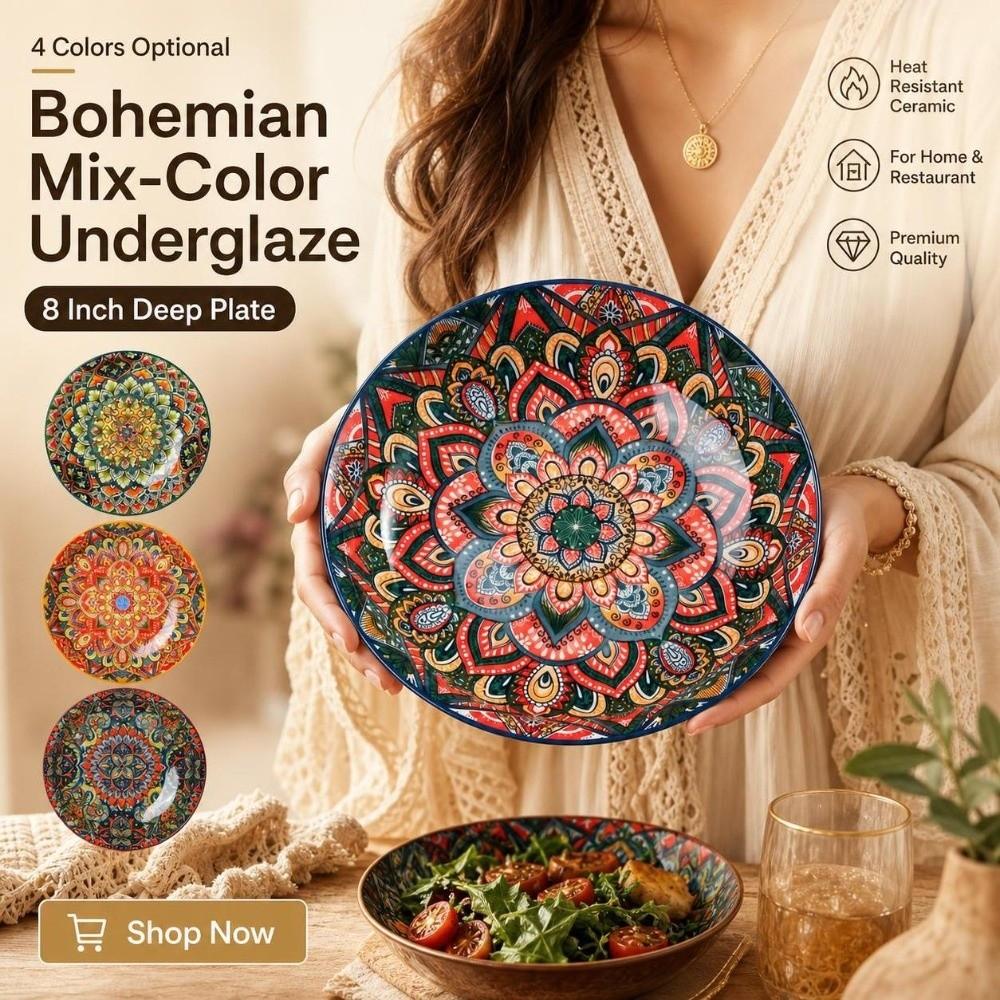 Hand Painted Ceramic Dinner Plate Mandala Underglaze Serving Plate  Family Gathering