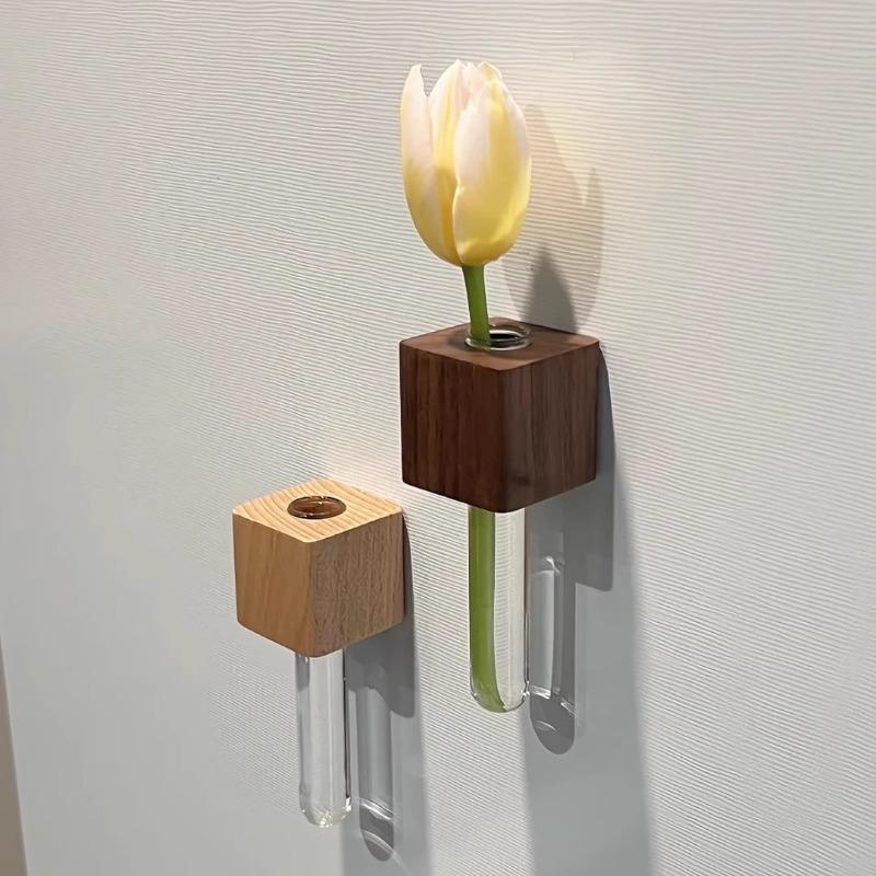 Solid Wood Refrigerator Sticker Test Tube Vase Creative Daily Home Decoration Wooden Flower Bottle Simple Magnetic Suction Craft