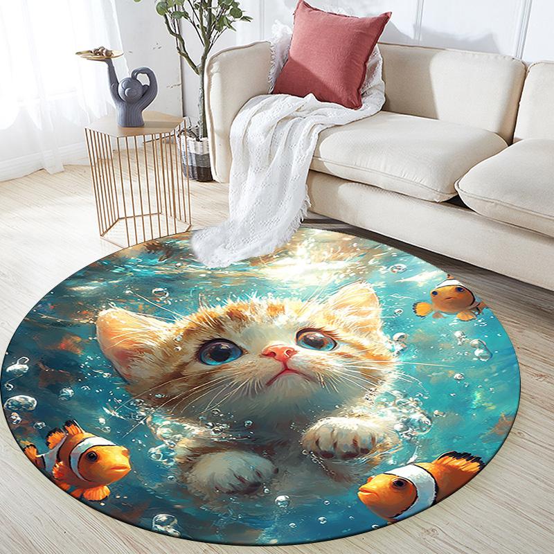 Kitten Clownfish Round Area Rug,Carpet Rug for Living Room Bedroom Sofa Playroom Decor,Non-slip Floor Mat