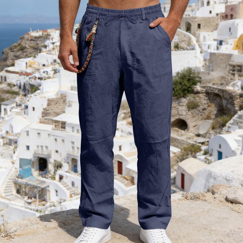 Men’s All-season Loose-fit Casual Linen Trousers with Bohemian-style Decorative Waistband and Straight-leg Cut