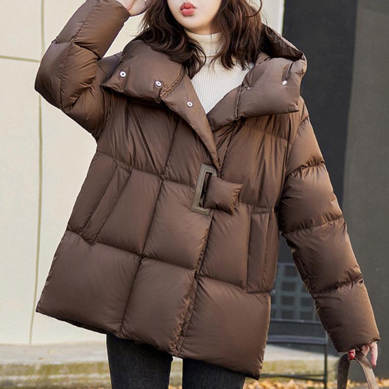 Пуховик с капюшоном женский зимний средней длины новый модный белый утиный пух большого размера
