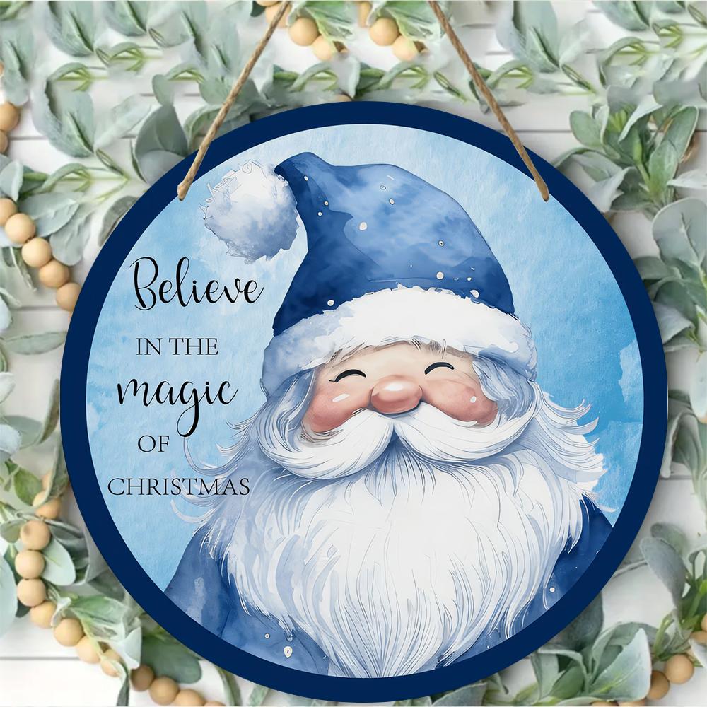 Watercolor blue Santa Claus pattern Round Wooden Hanging Plaque festive wall sign door hanging ornament home indoor Christmas decoration