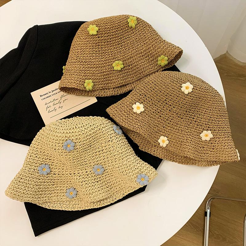 Flower Straw Bucket Hat Women's Summer Breathable Face Small Woven Straw Hat Sunshade Sunscreen Seaside Vacation Hat Tide