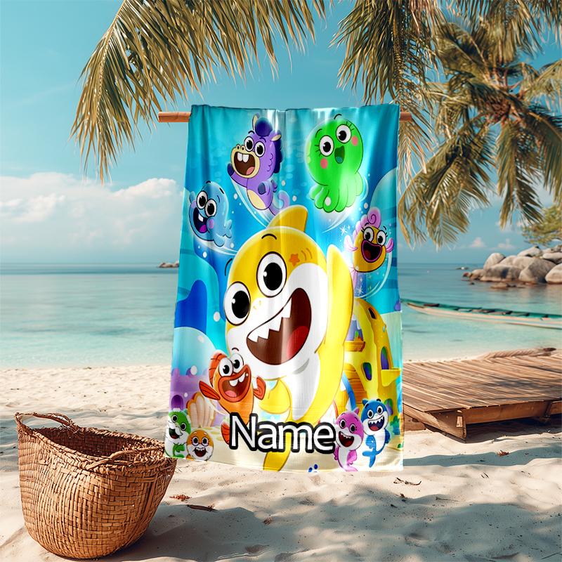 Personalized customized proof beach towel with Cute Shark pattern - soft, absorbent, quick-drying, perfect swimming, camping&bathing
