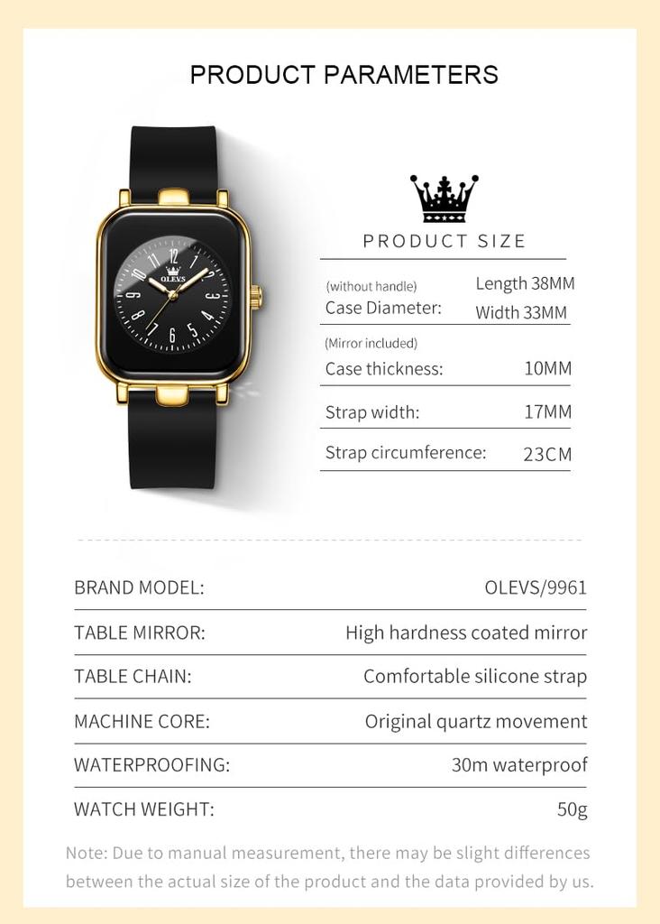 OLEVS Silicone Japanese Quartz White Silicone Gold Black Women's Watch, Waterproof, Luminous, Band, Movement, (Black Band, Case, Dial)