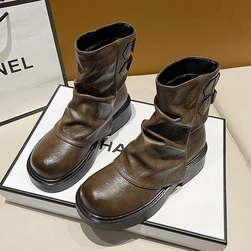 Модные дизайнерские ботинки на платформе с пряжкой для женщин, осенне-зимняя женская обувь с мягкой подошвой, модные повседневные кожаные мотоциклетные ботинки для женщин