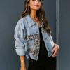 Women's Long Sleeve Denim Jacket Leopard Pattern Stitching Casual Coat