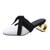 Krazing Pot Mules Cow Skin Square Toe Metal Circle Strange Style High Heels Spring Summer Shoes Vintage Plus Size 43 Women Pumps