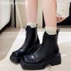 Женские ботильоны на платформе из кожи с квадратным носком и средним каблуком, модная обувь 2025 года, массивные туфли-лодочки на молнии, зимние мотоциклетные ботинки-ботинки женские