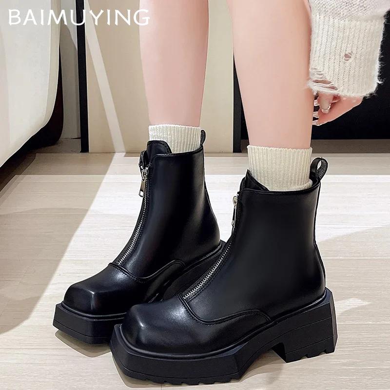 Женские ботильоны на платформе из кожи с квадратным носком и средним каблуком, модная обувь 2025 года, массивные туфли-лодочки на молнии, зимние мотоциклетные ботинки-ботинки женские