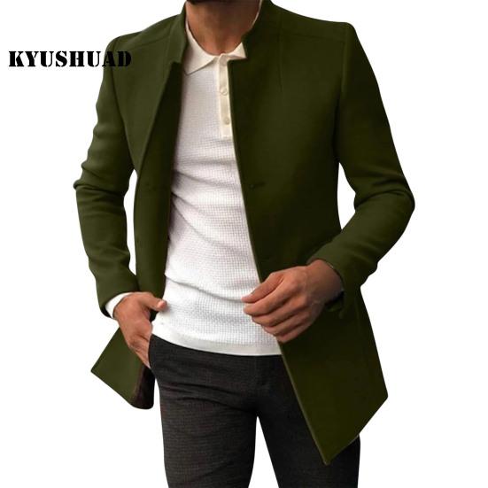 Men Suit Coat, Solid Color, Slim Fit, Single Breasted, Thicken, Trench Coat, Autumn Winter, Windproof, Woolen Jacket