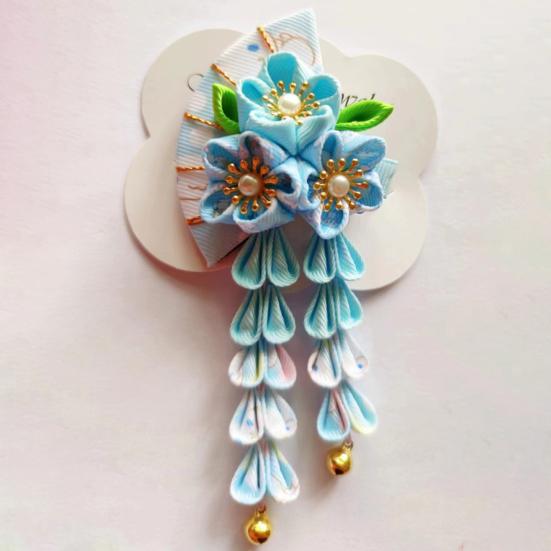 Заколка для волос в стиле веера с цветами, колокольчиками, декором из искусственного жемчуга, японское кимоно, старинная заколка для волос, аксессуары для волос
