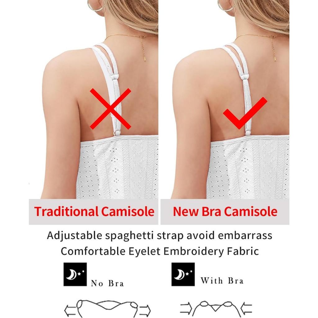 CHARMLEAKS Женские майки со встроенным бюстгальтером, бретельки с струящимися люверсами и вышивкой, регулируемые рубашки на тонких бретелях, рубашки S-3XL