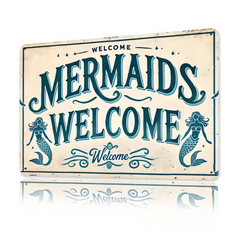 Tin Sign Welcome Mermaids Wall Art Vintage Beach Theme Metal Plaque   Mermaid Decor Ocean Nautical Cottagecore Home Bar Pub Gara