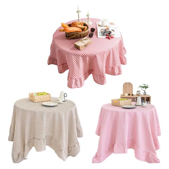 Tablecloth Farmhouse Style Plaid Pattern Ruffled Edge Tablecloth Round Shape Soft Cotton Linen Fabric Cloth Table Cover