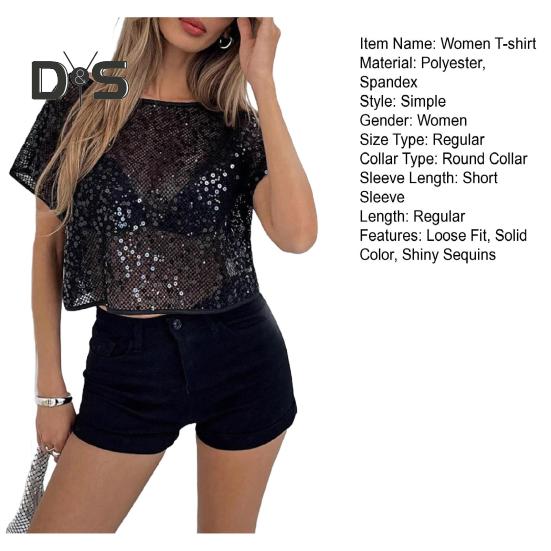 Женская футболка с круглым вырезом и коротким рукавом, блестящие пайетки, свободный крой, повседневные дышащие топы