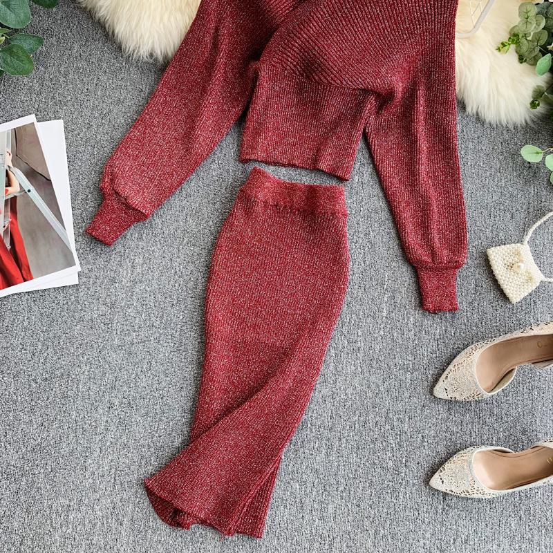 Весенний новый модный костюм в иностранном стиле с v-образным вырезом и рукавами «летучая мышь», вязаный свитер, женская юбка с высокой талией и запахом, комплект из двух предметов