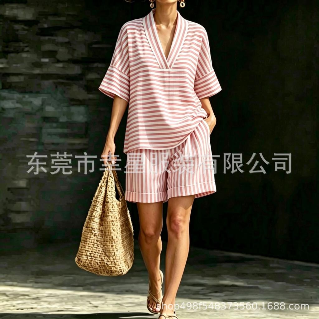 1116 summer European and American popular v-neck fashion casual striped women's loose suit