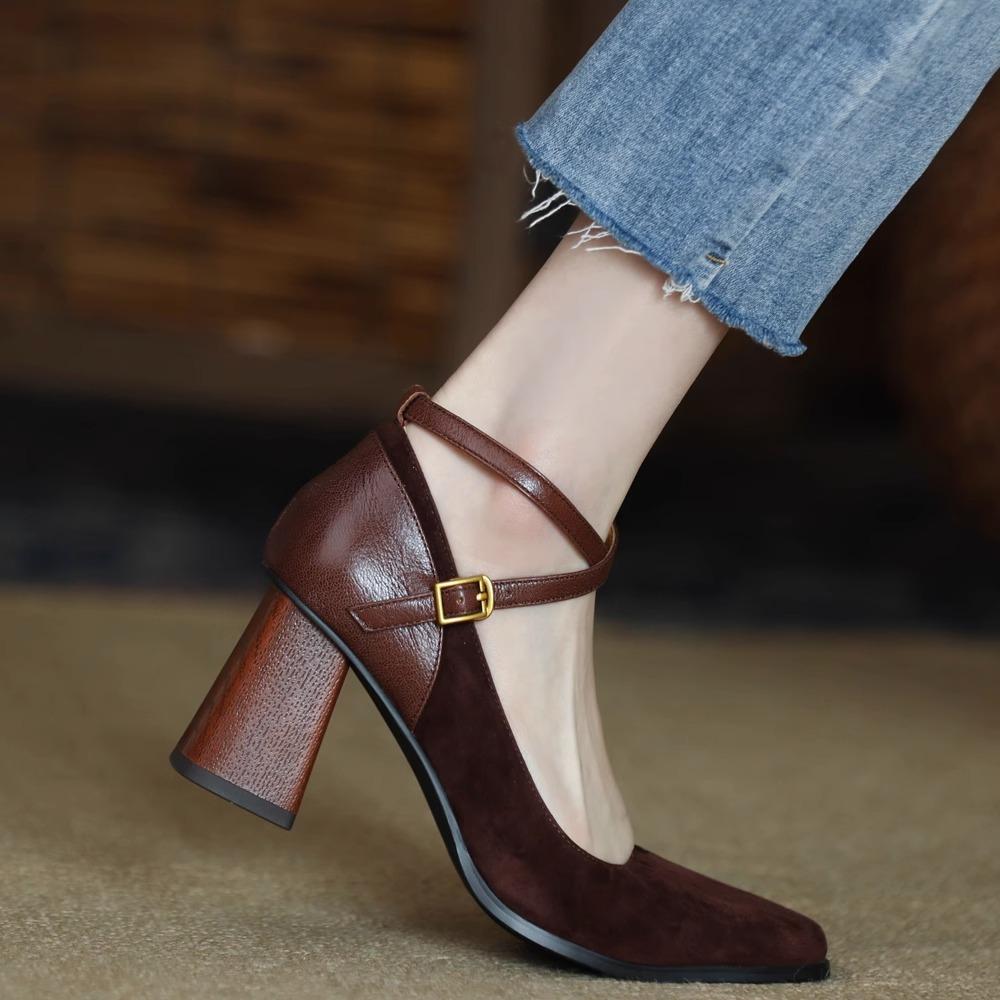 Chengdu Style ~ Retro Leather Nubuckle Splicing Small Square Toe Cross Buckle Single Shoes Women's Spring Thick Heels High Heels