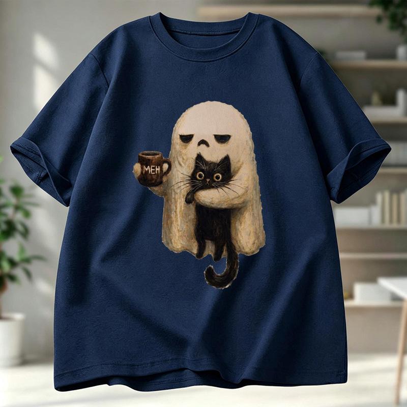 Ghost Holding Black Cat With Coffee Cup Vintage Art Print Graphic Womens T Shirt Short Sleeve Crew Neck Casual Ladies Tee Tops