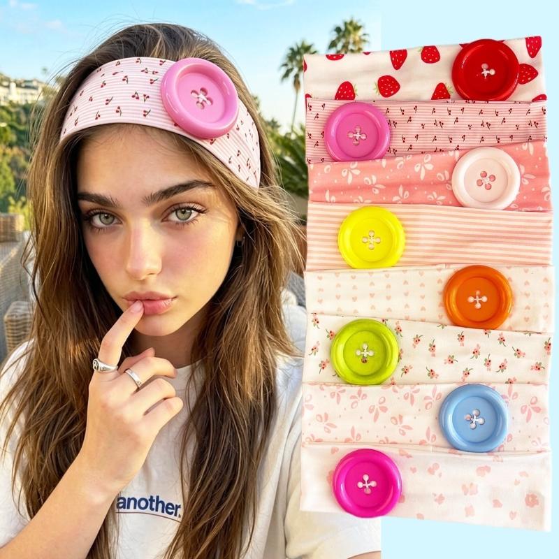 Retro Ins Style Cute Print Button Headband Fashion Women Y2K Sweet Cool Hair Accessories Cute Sweet Dating Hair Band