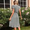 Summer Women V Neck Shoirt Sleeve Lace Up Long A Line Chic Print Green Pleated Dresses