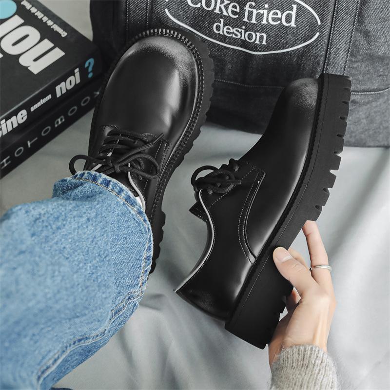 Кожаные туфли мужские осенне-зимние молодежные повседневные британские туфли дерби на толстой подошве черные с низким верхом 66501-J [