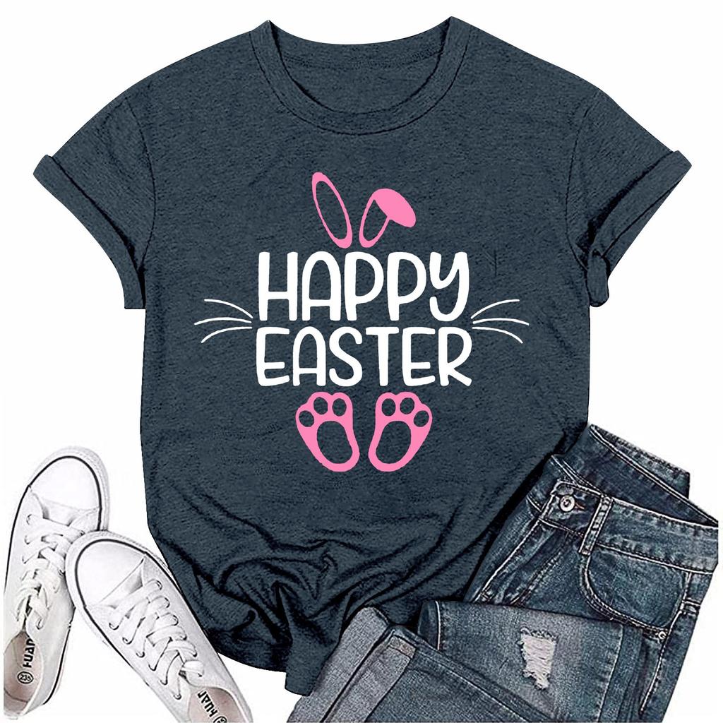 Женская модная пасхальная принтованная повседневная плиссированная круглая футболка с коротким рукавом
