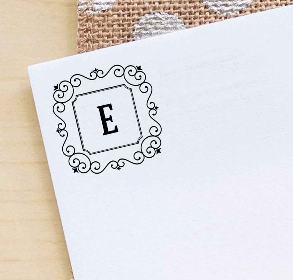 Printtoo Alphabet E Monogram Initial Square Swirl Border Self Inking Rubber Stamp Office