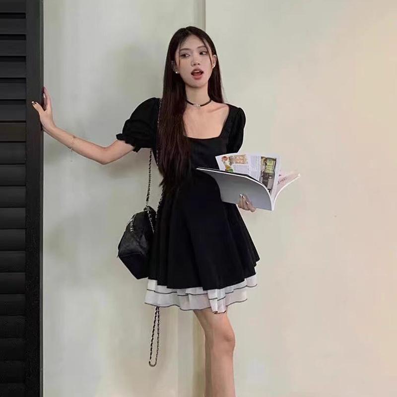 Платье во французском стиле Одри Хепберн, маленькое черное платье с квадратным вырезом и поясом, юбка с цветными вставками