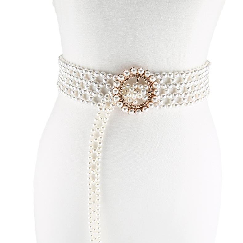 Women'S Sweet Temperament String Pearl Belt Elastic Wide Diamond Waist Seal Retro Skirt Decorative Belt