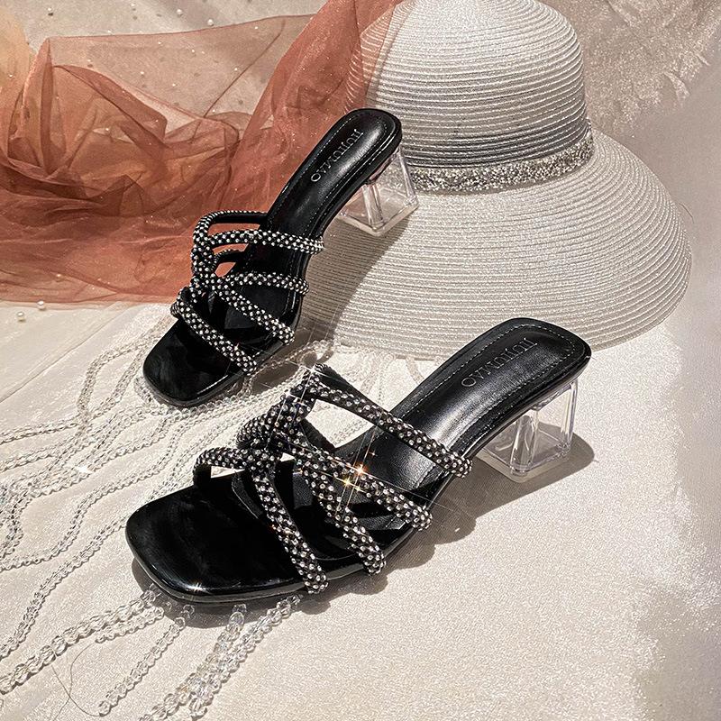 2025 spring and summer new rhinestone thin belt transparent crystal thick heel European and American square head fashion cool heels, versatile ou