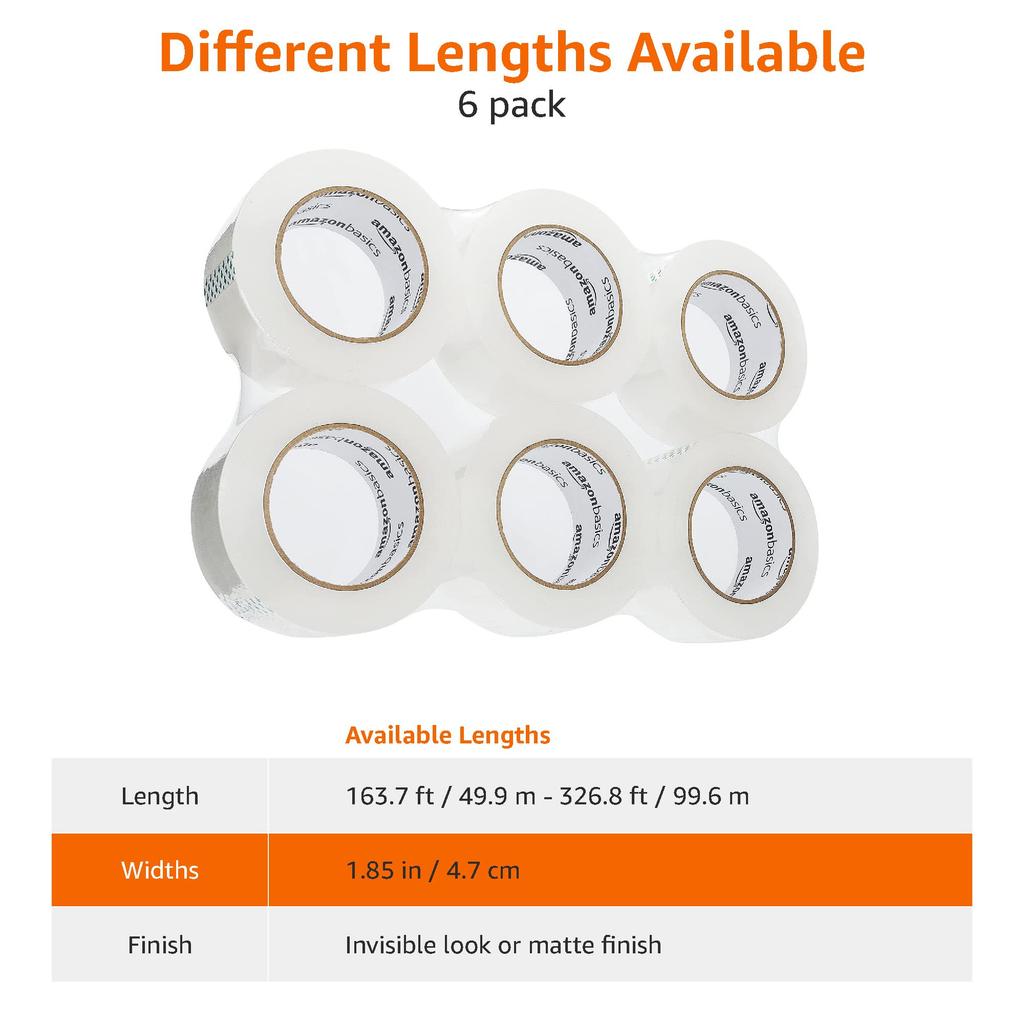 Amazon Basic Packaging OPP 48 мм Ширина x 100 м Упаковка прозрачной ленты, Длинный ролик двойной длины, 6,