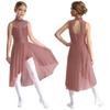 Kids Girls Figure Skating Dance Dress Sleeveless Mock Neck Cutout Back Side Split Asymmetrical Hem Sparkly Rhinestone Dresses