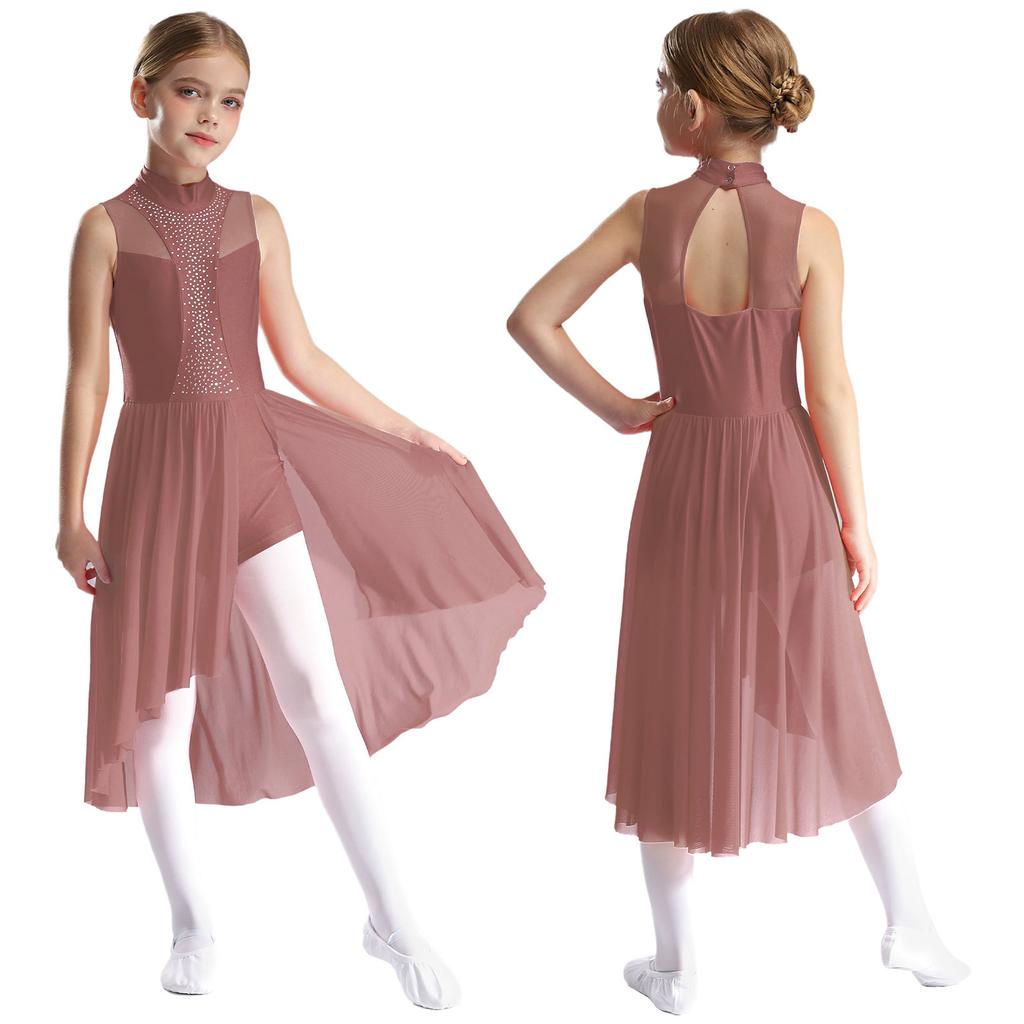 Kids Girls Figure Skating Dance Dress Sleeveless Mock Neck Cutout Back Side Split Asymmetrical Hem Sparkly Rhinestone Dresses