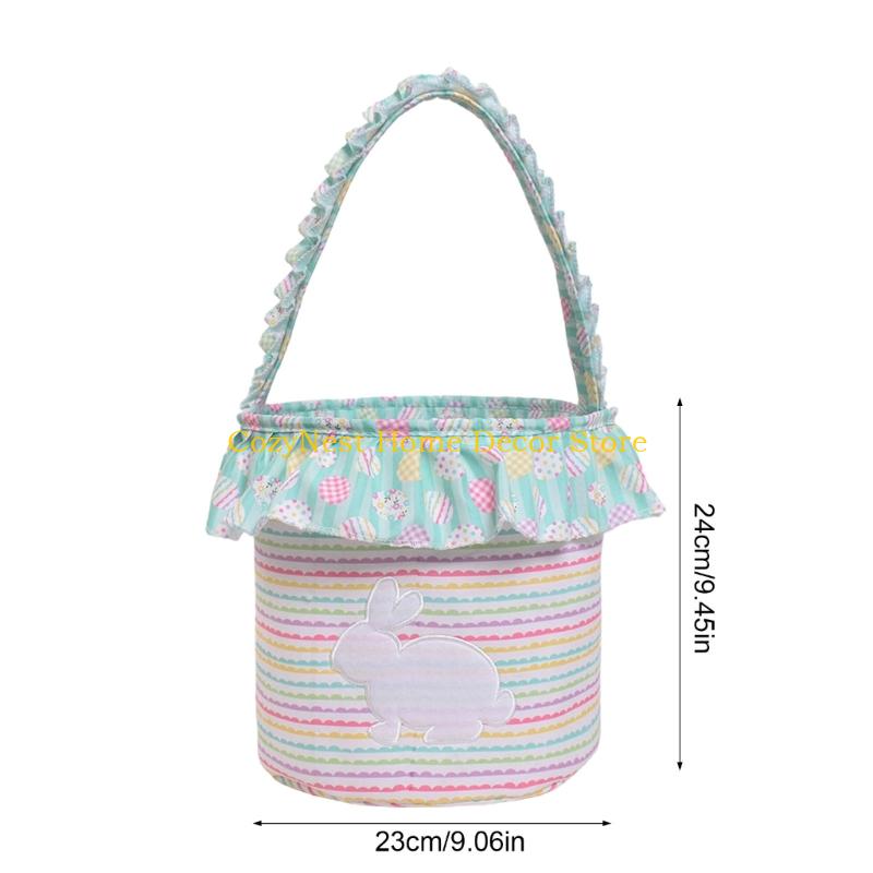 92MF Easters Rabbit Striped Fabric Storage Basket Handheld Decorative Organizers with Handle for Eggs Hunts Home Decors