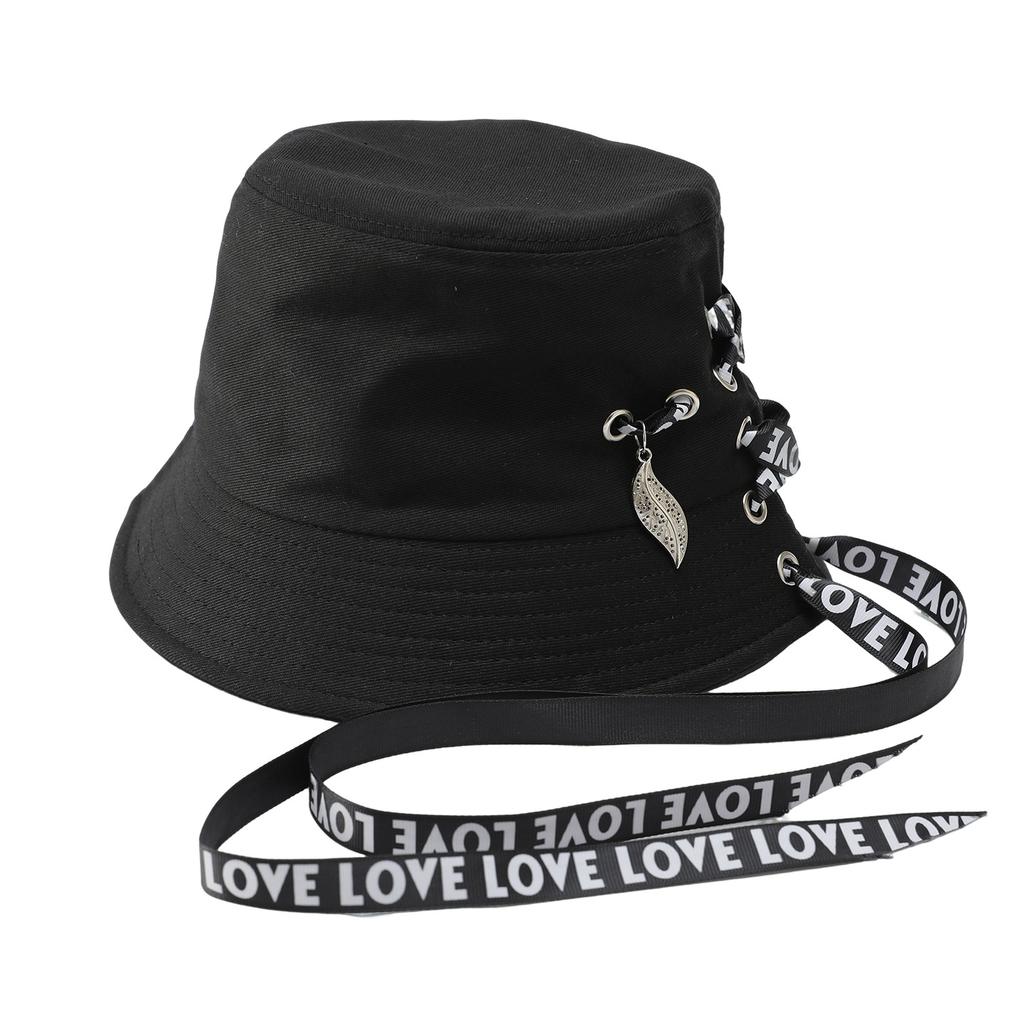 Black streamer bucket hat men's summer thin big head circumference basin hat women's long tail with large brim sunshade sunscreen hat
