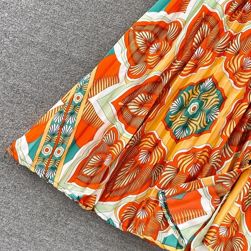 Платья Temperament Lantern Длинные рукава Круглый вырез Тонкий однобортный принтованное платье Элегантные винтажные шикарные женские платья