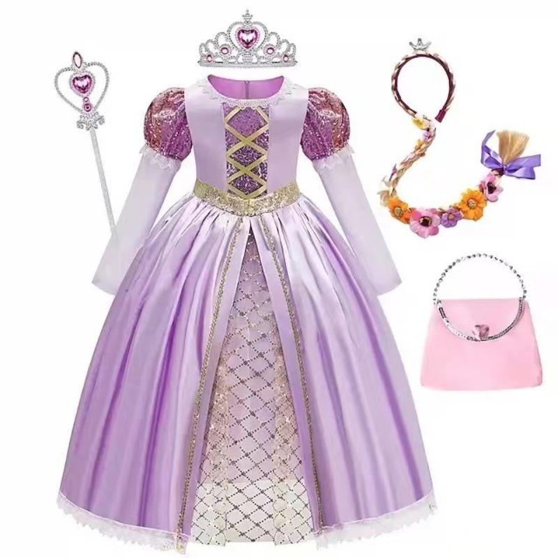 Purple Long Hair Princess Mesh Dress, Girls Halloween Fairytale Party Stage Gown