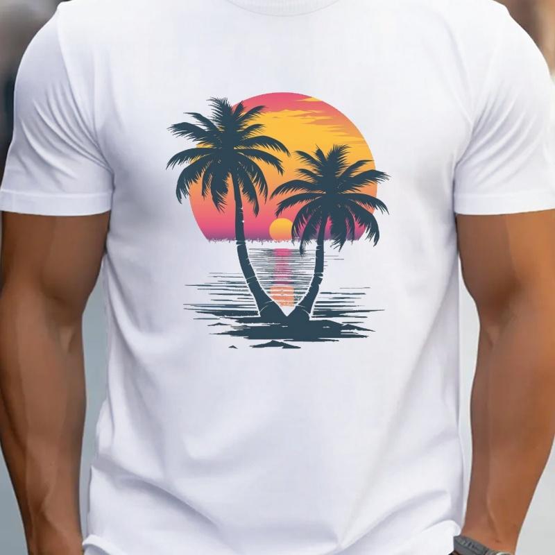 Unisexs Summer Cotton Fashionable Casual Sunset Coconut Tree Print Round Neck Short Sleeved Comfortable Tshirt Summer Musthave
