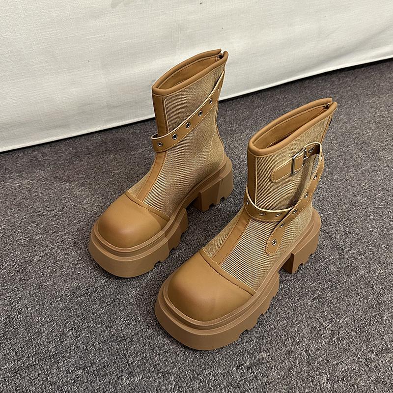 Мода Винтаж Зимние женские мотоциклетные ботинки Модные платформы Толстый каблук Короткие ботинки Повседневная женская обувь с пряжкой на ремне